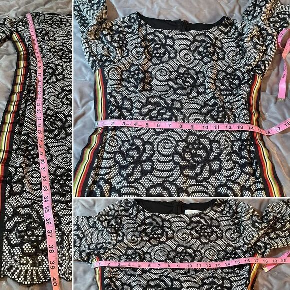 Nicole Miller Floral Lace Overlay Multicolor Side Stripe Midi Dress Black M - Picture 12 of 12